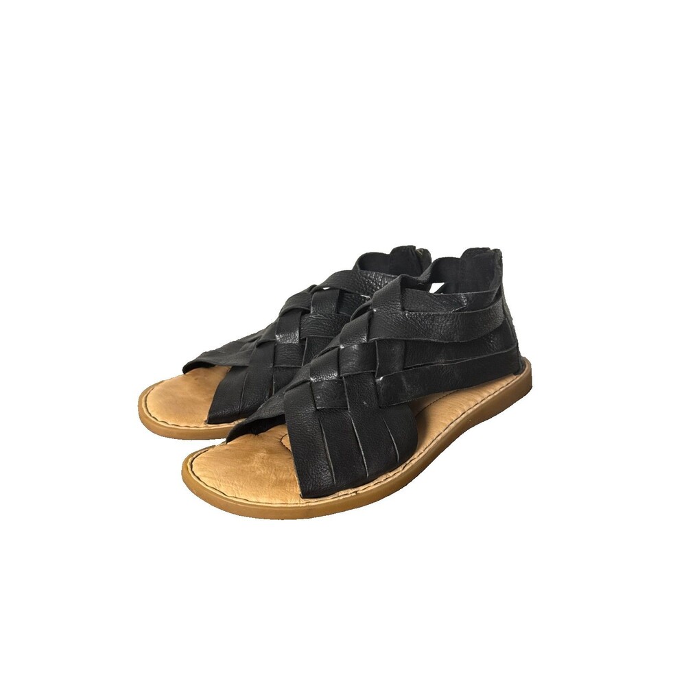 Born Womens 7 Black Leather Woven Fisherman Sandals Back Zip Comfort